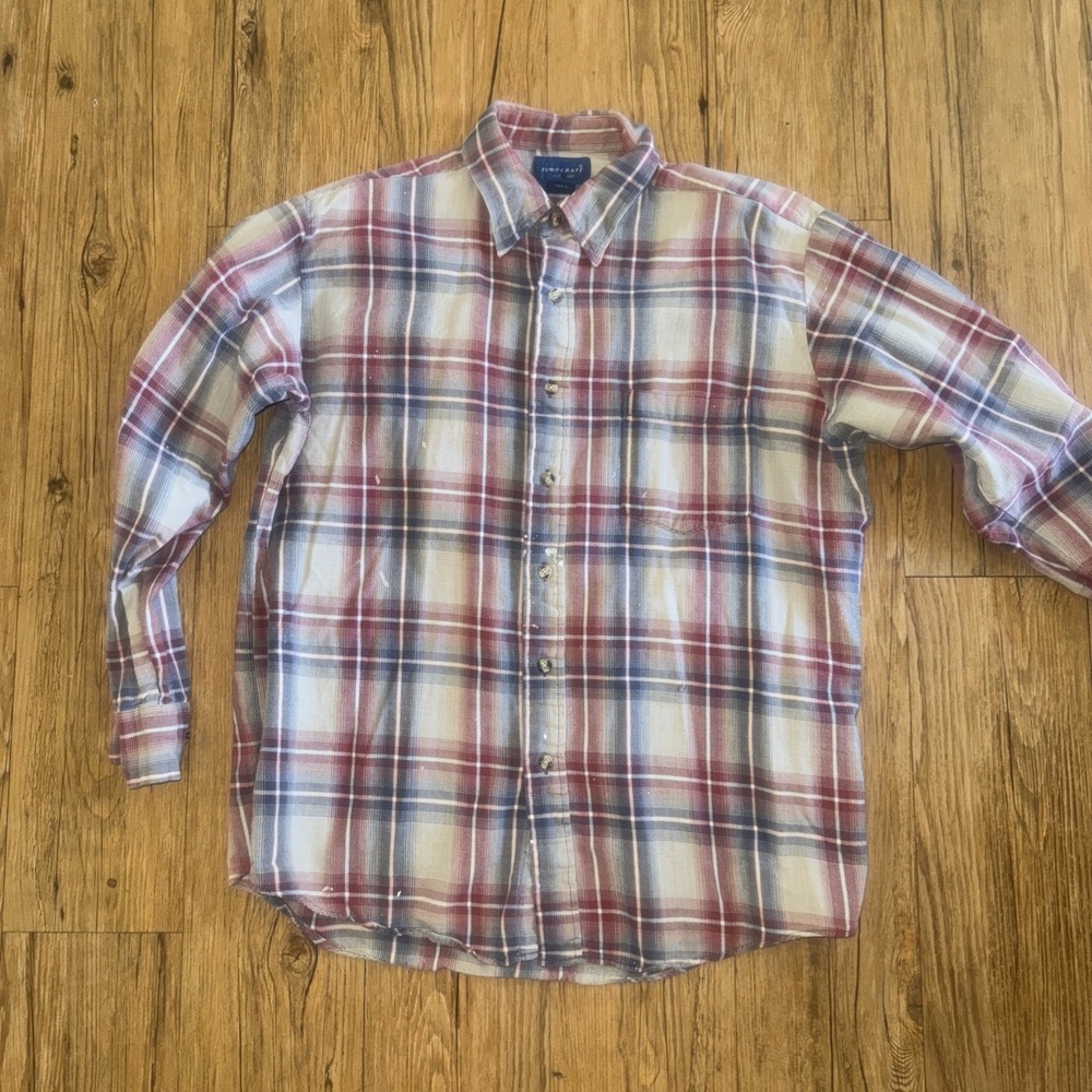 Town Craft Men's Vintage distressed plaid flannel button up size Large #71